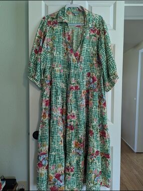 April Cornell Green Floral Print Blouse with Pink Accents